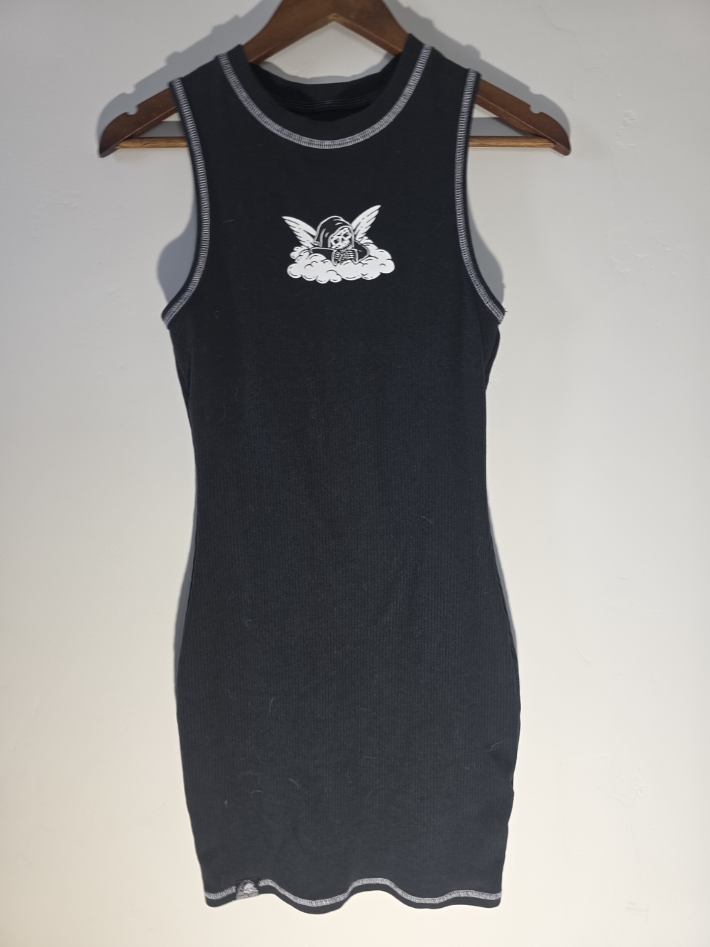 Sleeveless Black Ribbed Tank Dress with Angel Chest Graphic